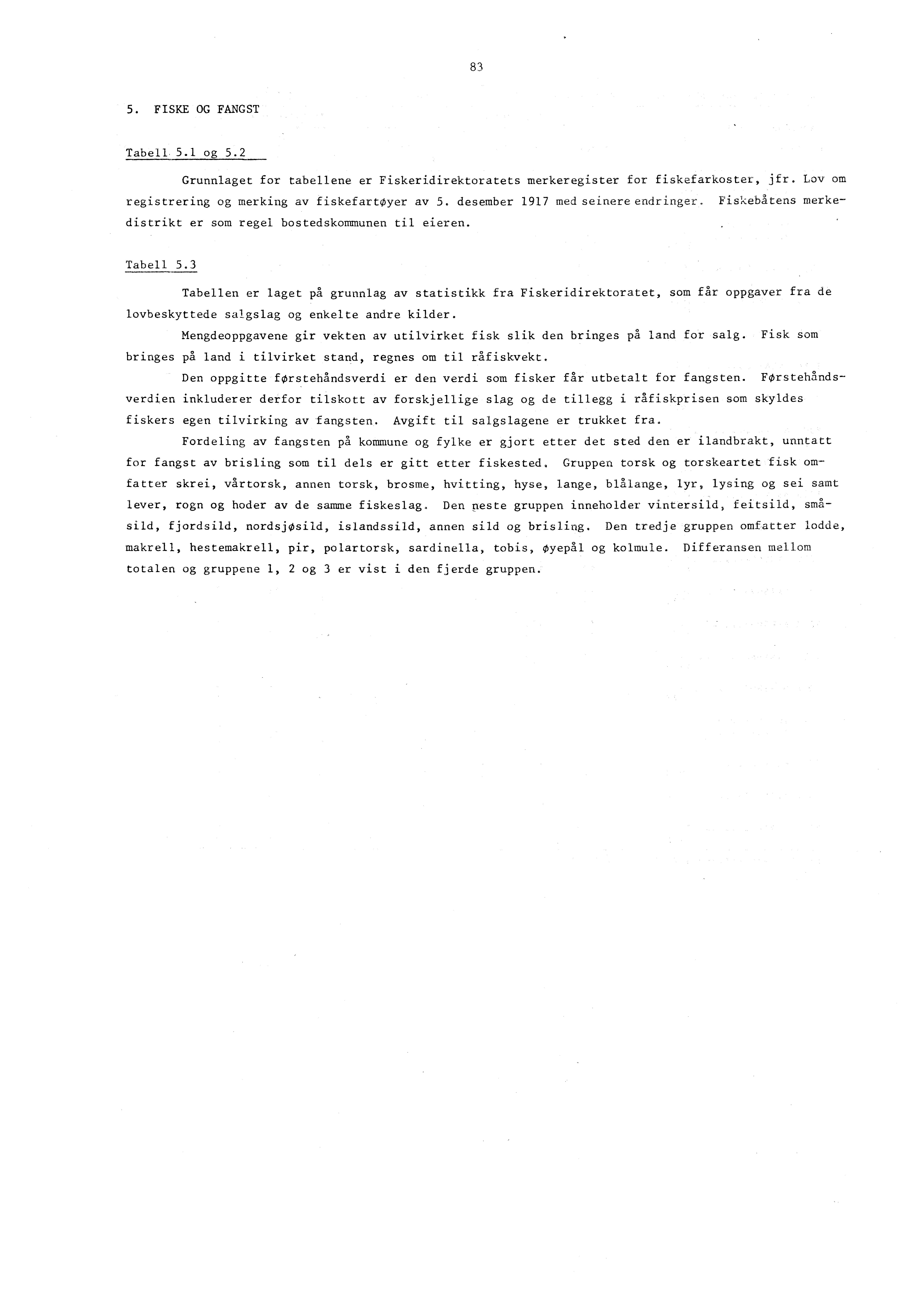 83 5. FISKE OG FANGST Tabell 5.1 og 5.2 Grunnlaget for tabellene er Fiskeridirektoratets merkeregister for fiskefarkoster, jfr. Lov om registrering og merking av fiskefartøyer av 5.