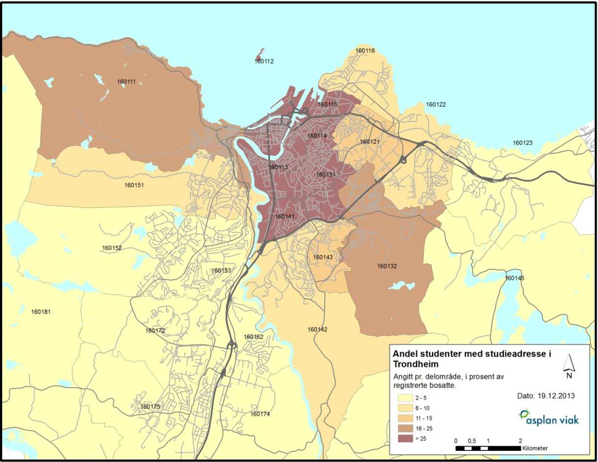 Stedfesting av studenters bosted i Trondheim 2013 35 Kolonnen Studenter per 100 registrerte bosatte 2013 viser at det er delområdene Øya/Singsaker, Midtbyen og Berg/Tyholt som har størst andel med