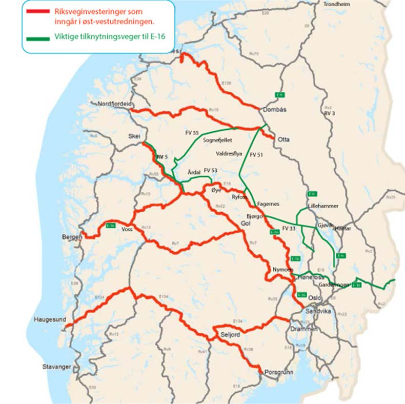 Hønefoss Gardermoen Gavle (Sverge) E 16 også europaveg mellom Bergen og Gavle Ny tverrforbindelse Nymoen-Eggemoen gir gode effekter Fv33 Bjørgo-Gjøvik mv Denne er snart fullført med god standard og