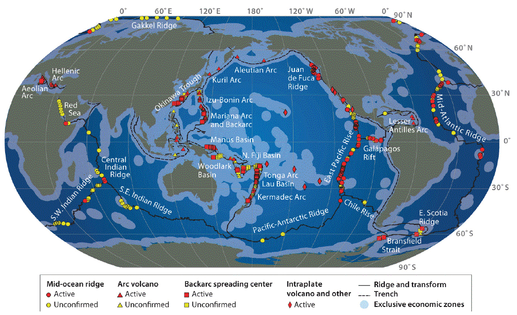 på 1-4 cm/år, i motsetning til 4-6 cm/år for det Indiske hav, og det østlige stillehav på over 8 cm/år (Hannington et al, 2011). Figur. 2.2.3: Fordeling av hydrotermale skorsteiner i verdenshavene (Hannington et.