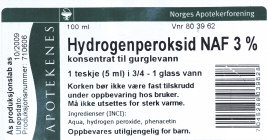 3.4 Hydrogenperoksidinnhaldet i ei apotekvare Apoteka sel «Hydrogenperoksid NAF 3 %» som er tenkt til bruk som gurglevatn etter fortynning. Hydrogenperoksid (H 2 ) er bakteriedrepande.