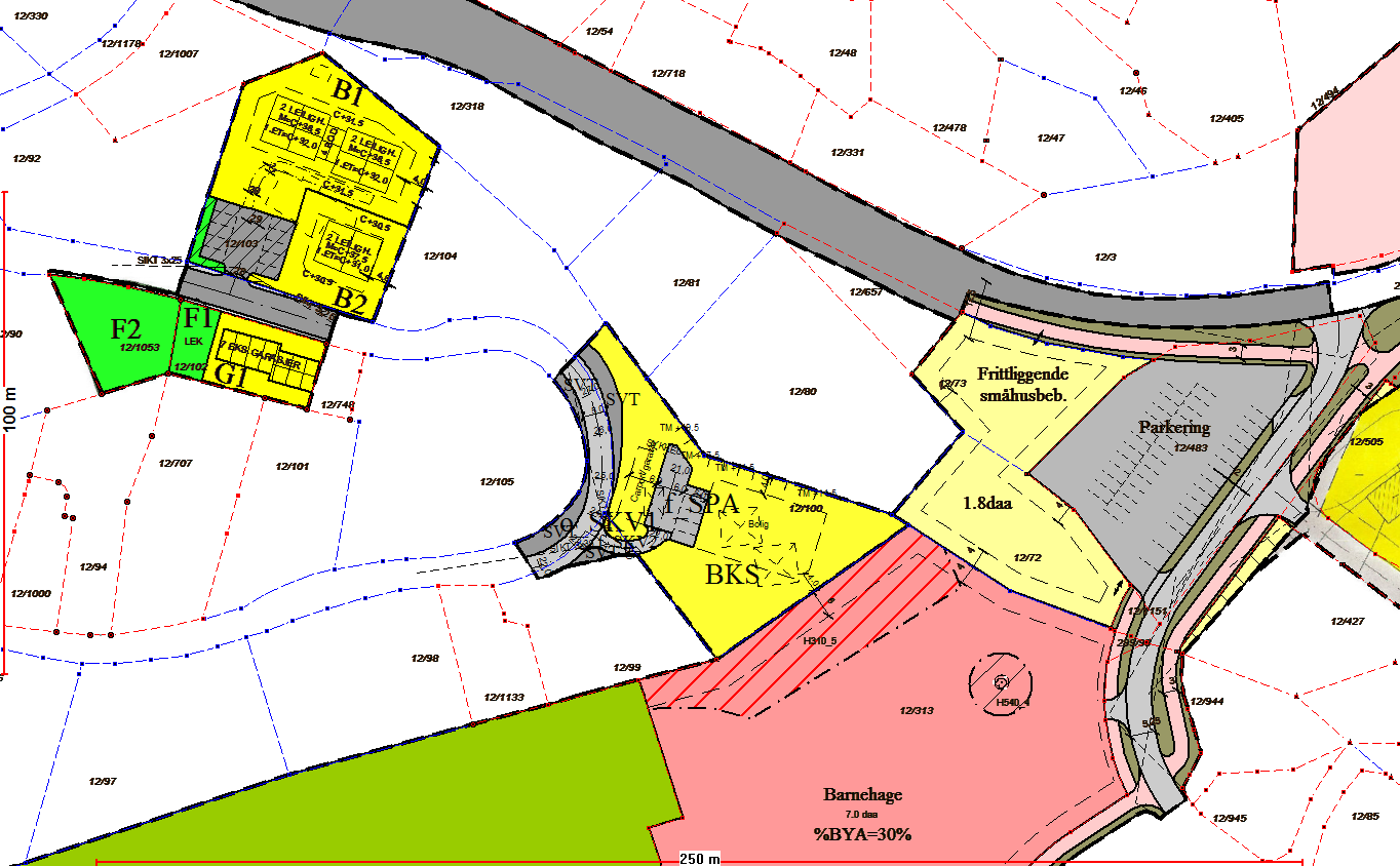 Planer i området med Lerkeveien 1B i nordvest og Vågsbygd idrettsplass (barnehagetomten) i sørøst.