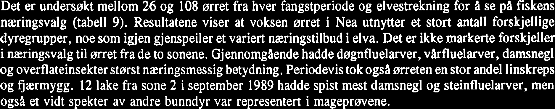 Sone 1 Sone 2 Prosent Fig. 12. Prosentvis fordeling av kjøttfarge hos ørret fra sone 1 og 2 i Nea. 4.2.5 Næringsvalg Det er undersøkt mellom 26 og 108 ørret fra hver fangstperiode og elvestrekning for a se pa fiskens næringsvalg (tabell 9).