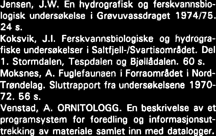 TIDLIGERE UTKOMMET I K. NORSKE VIDENSK. SELSK. MUS. RAPPORT ZOOL. SER. (1 974-1 986) VITENSKAPSMUSEET, RAPPORT ZOOLOGISK SERIE (1 987-1974-1 Jensen, J.W. Fisket i Ringvatnene, Abjeravassdraget.