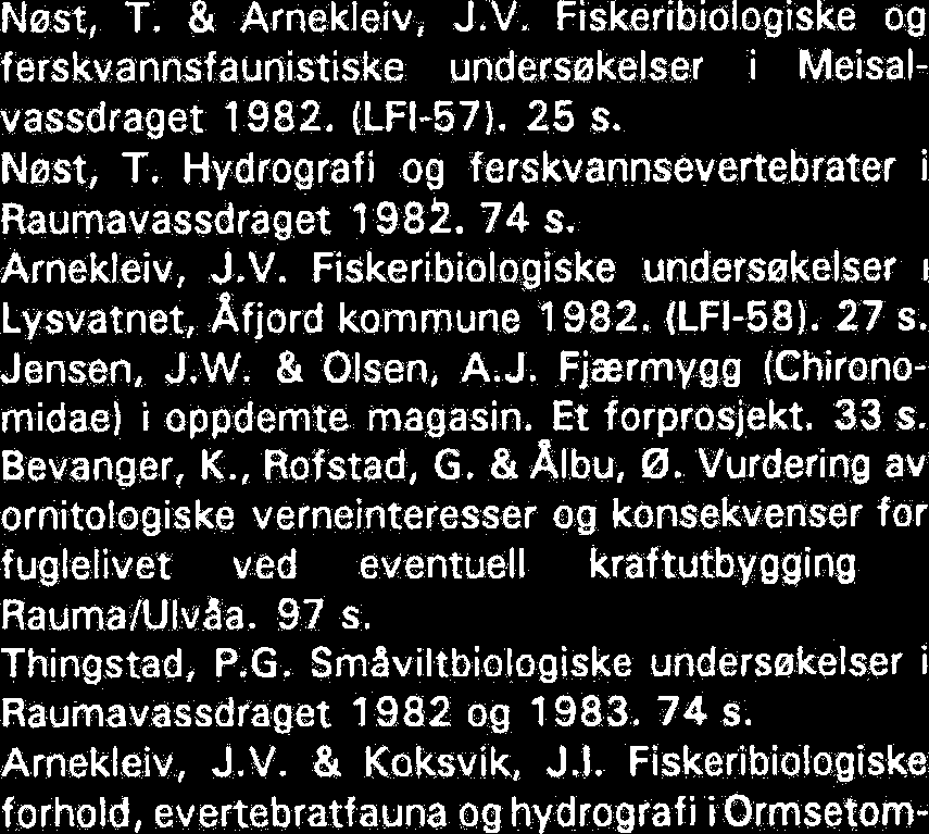 (LFI-46). 47 S. Nøst, T. 81 Koksvik, J.1. Ferskvannsbiologiske og hydrografiske undersøkelser i Nesavassdraget 1977-78. 52 S. Langeland, A. & Koksvik, J.I. Fiskeribiologiske og andre faunistiske undersøkelser i Grøavassdraget (b1.