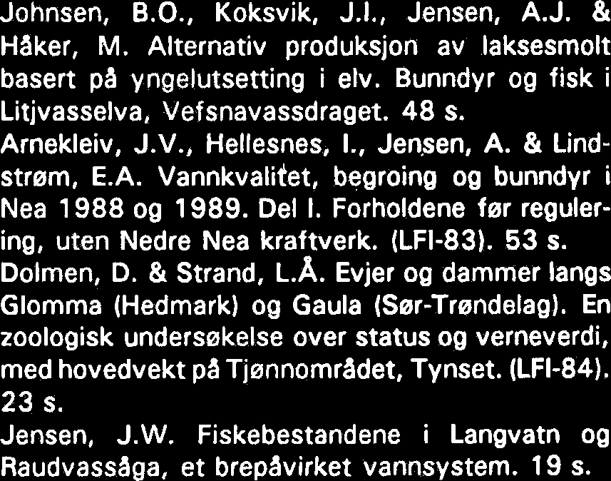 radet, Verran kommune, 1982-83. (LFI-59). 76 s. 1988-1 Albu, 0. Kraftlinjer og fugl. 60 s. Koksvik, J.I. & Arnekleiv, J.V. Fiskeribiologiske undersøkelser i Børsjøen, Tynset kommune. (LFI- 60). 27 s.