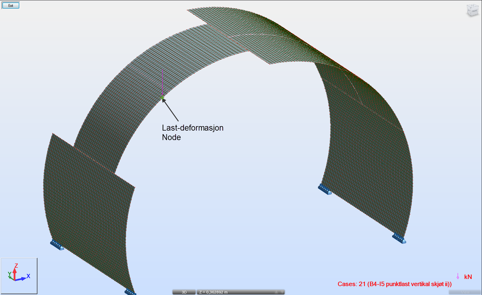 Last [kn] Oppdragsnr.: 5164745 Dokumentnr.: K-002 Versjon: B03 Last-deformasjonsforløp Figur under viser hvilken node det er hentet ut deformasjoner ifra og som er plottet i underliggende graf.