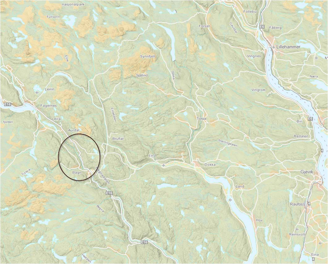 Figur 2 Oversiktskart med planområde avmerket (kilde: Sør-Aurdal kommune/valdreskart) Vegen i dag E16 Bergen Gävle med arm til Sandvika representerer en transportrute mellom Øst- og Vestlandet.