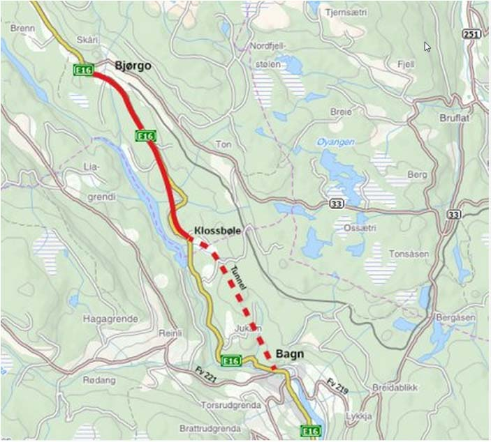 Figur 3 Oversiktskart Prosjekt E16 Bagn - Bjørgo (kilde: SVV) Anlegget Prosjektet inneholder bygging av 6,5 km tofeltsveg, 4,3 km lang tunnel mellom Bagn og Klossbøle, og ti konstruksjoner.