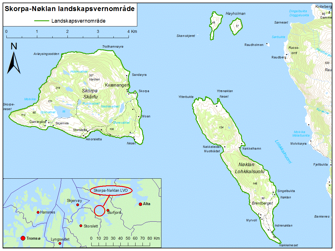 3. OMRÅDEBESKRIVELSE Skorpa-Nøklan landskapsvernområde består av øyene Skorpa og Nøklan, og de to Høyholman, i Kvænangen kommune. Øyene ligger midt i fjorden Kvænangen utenfor Storstraumen.