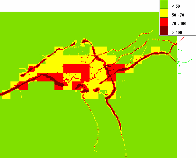 Figur 6.4: Kart som viser beregnet utbredelse av svevestøv i dagens situasjon i Oslo. Basert på beregning for vegnære punkter og bakgrunnskonsentrasjon i områder over nasjonalt mål.