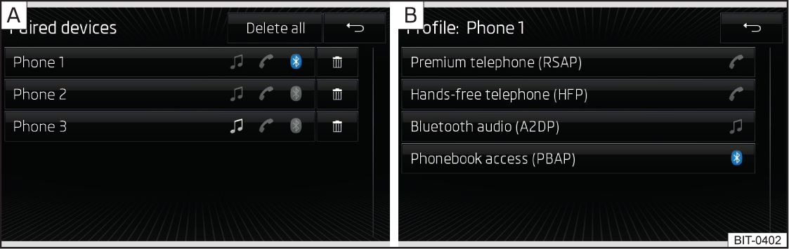 Administrering av sammenkoblede enheter Bilde 26 Liste over tilkoblede enheter / Bluetooth -profiler Vise listen over sammenkoblede enheter I Telefon-menyen trykker man på funksjonstasten Bluetooth