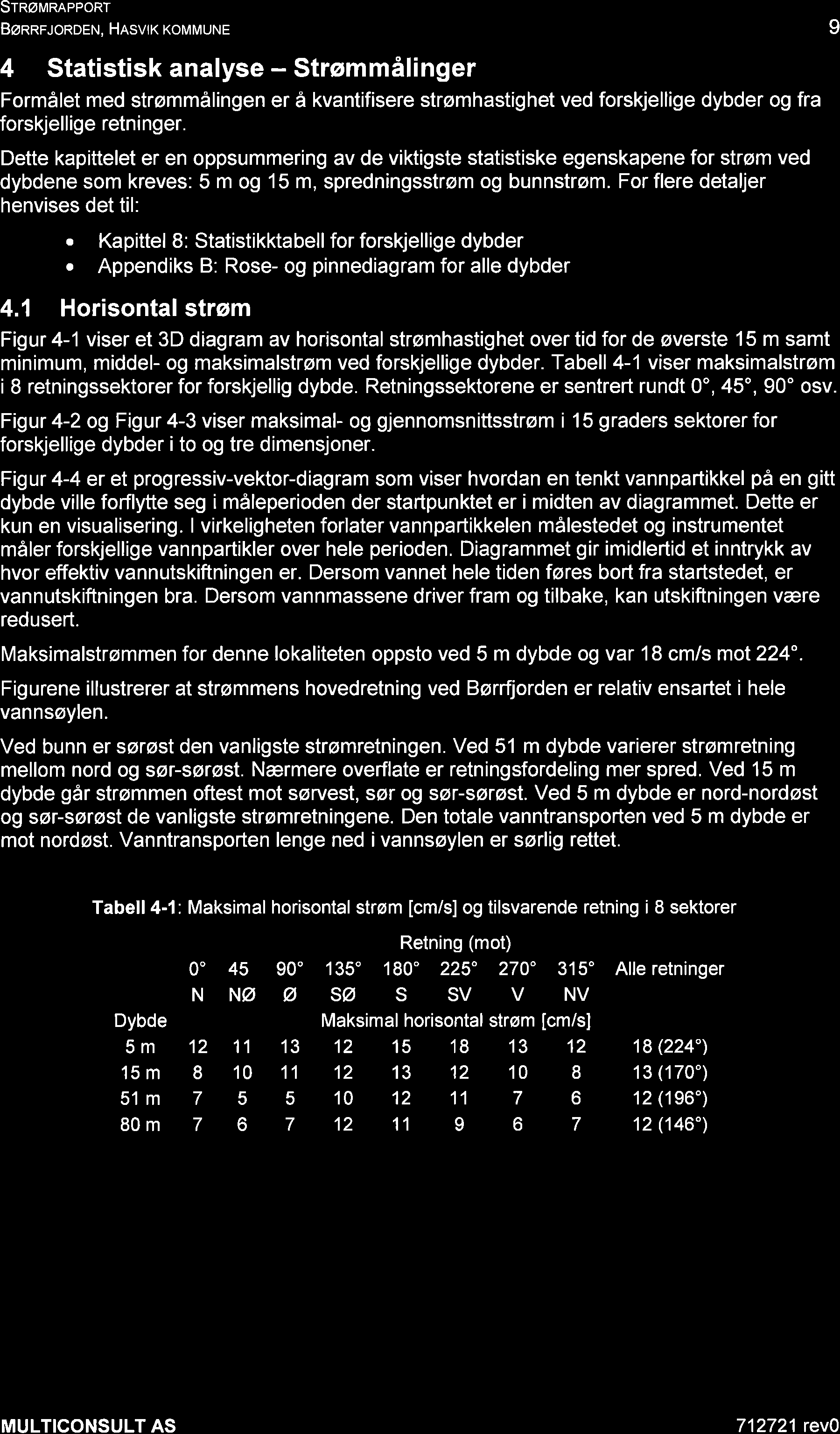 SrnøunnppoRr BøRRFJoRDEN, HASVK KoMMUNE 4 Statistisk analyse - Strømmålinger Formålet med strømmålingen er å kvantifisere strømhastighet ved forskjellige dybder og fra forskjellige retninger.