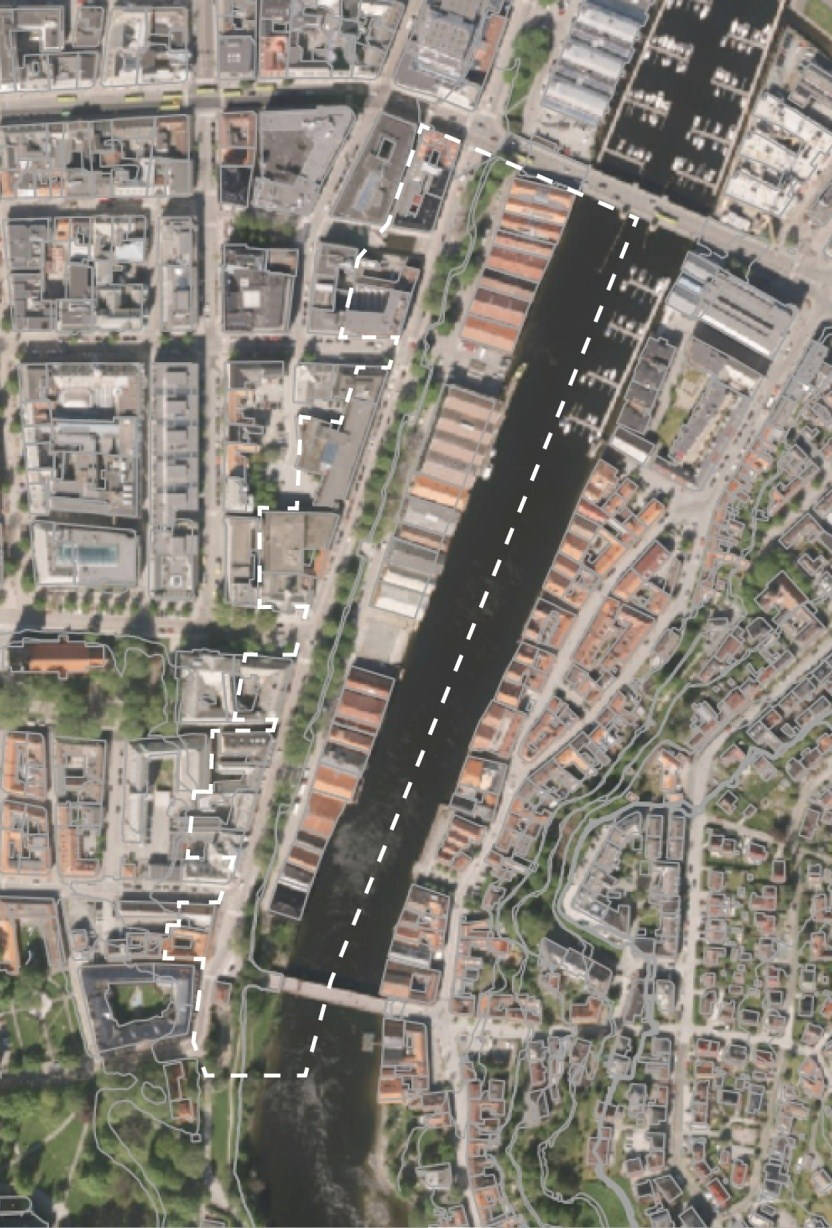 nedre og øvre del av Kjøpmannsgata, allmenningene, Gamle Bybru, området bak Kongsgården barnehage og bebyggelsen vest for Kjøpmannsgata, som vist i figur 3.
