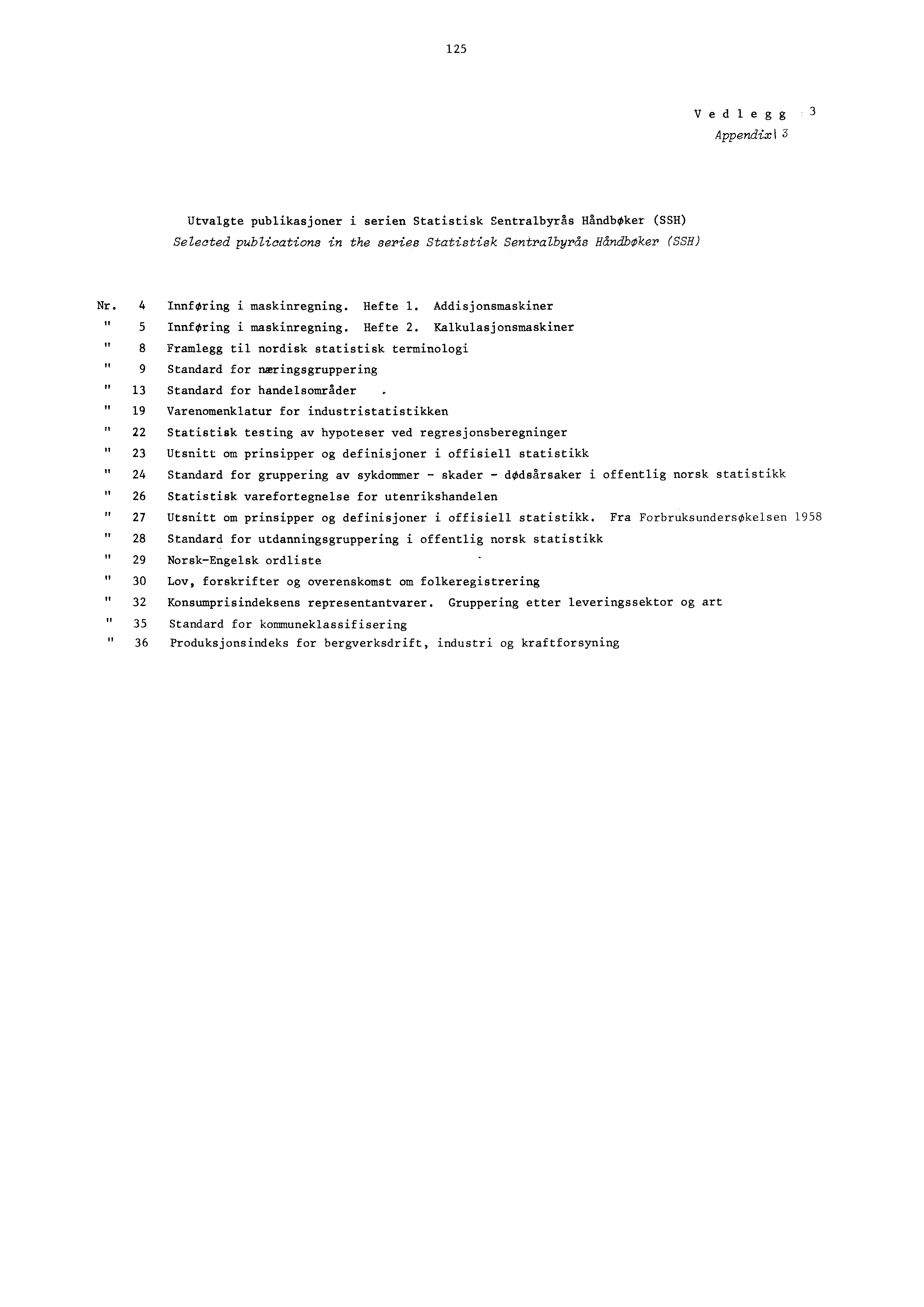 Vedlegg Appendixi Utvalgte publikasjoner i serien Statistisk Sentralbyrås Håndbøker (SSH) Selected publications in the series Statistisk Sentralbyrås Håndbøker (SSH) Nr. InnfOring i maskinregning.