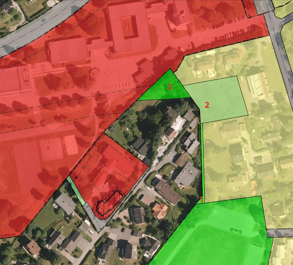 er allerede eiet av Bærum kommune. Reguleringsformål: Anlegg for lek (1), kjøreveg (3), kjøreveg/gang- og sykkelveg og bolig (4). Nr. 2 er regulert gang/sykkelvei, privat eiendom. Nr. 5 er regulert til kombinert formål næring, men fremstår som park.
