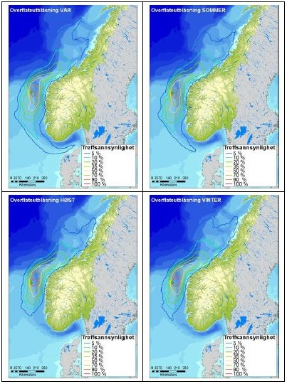 6 Resultater fra oljedriftsberegninger 6.1 Geografisk område Figur 6-1: Influensområdet til Visundfeltet, basert på sannsynligheten for treff av olje i 10 x 10 km sjøruter gitt en overflateutblåsning.