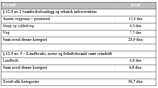 Arealregnskap Tabell 1 viser en oversikt over de ulike arealformål som inngår i planen, og størrelsen på disse arealene.