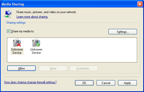 Windows Media Player v11 på Windows XP Angi nettverksdeling I Windows Media Player velger du Library (Bibliotek) fra menyen og velger Media sharing (Mediedeling) Du kan åpne vinduet Settings