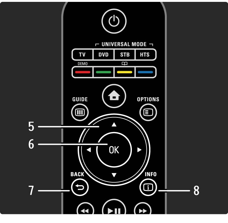 2.1.1 Oversikt over fjernkontrollen 2/6 5 Navigeringsknapp Trykk for å navigere opp, ned, til høyre eller til venstre. 6 OK-knapp Slik kan du åpne eller lukke kanaloversikten.
