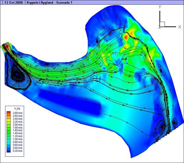 Side 8 Resultater Resultatene er presentert ved bruk av fargekart, der fargene viser vannhastigheten i nærheten av vannoverflaten (høyeste vann-lag) og strømningslinjer på samme nivå.