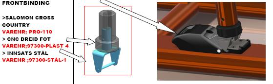 Dekselet på frontbinding åpnes så mye som mulig Front skyves ned i bindingen å låses Dekselet vippes opp A-101; ØVRE DEL I CNC MAKINERT POM PLAST MED FRONTDEL BINDING I STÅL (A-100) TILSVARENDE SOM