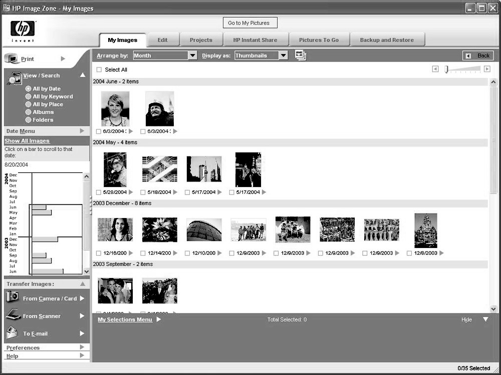 A Gå til Mine bilderknappen og moduskategoriene Klikk på knappen kalt Gå til mine bilder (eller HP view) for å veksle mellom Microsoft-katalogen Mine bilder og programmet HP Image Zone Plus.