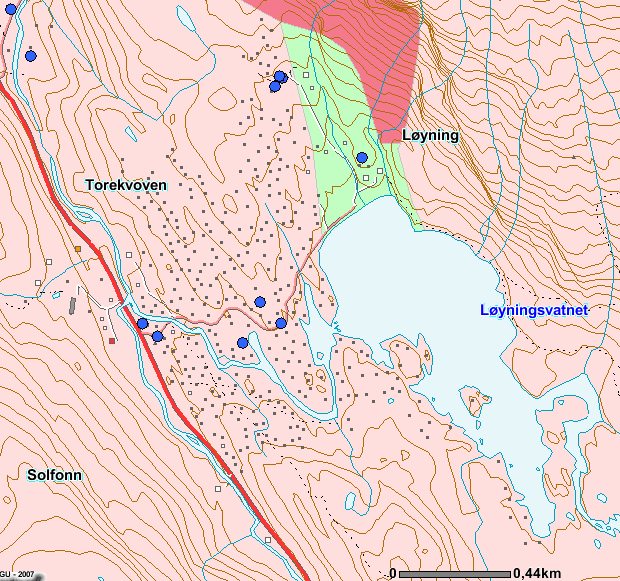 Figur 11 : Kvartærgeologisk løsmassekart over Løyning-området. Lys rosa farge indikerer bart fjell, mørk rosa farge er skredmateriale og lys grønn farge indikerer tynt morenedekke.