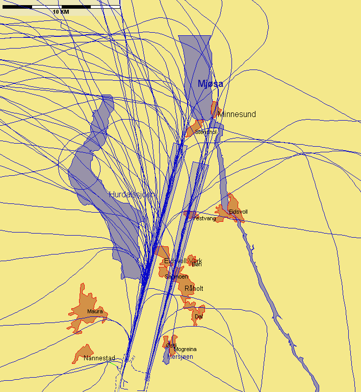 Landinger fra nord med andre flytyper, eksempeldag med sørlig trafikkretning hele dagen Figur 5. Torsdag 9.