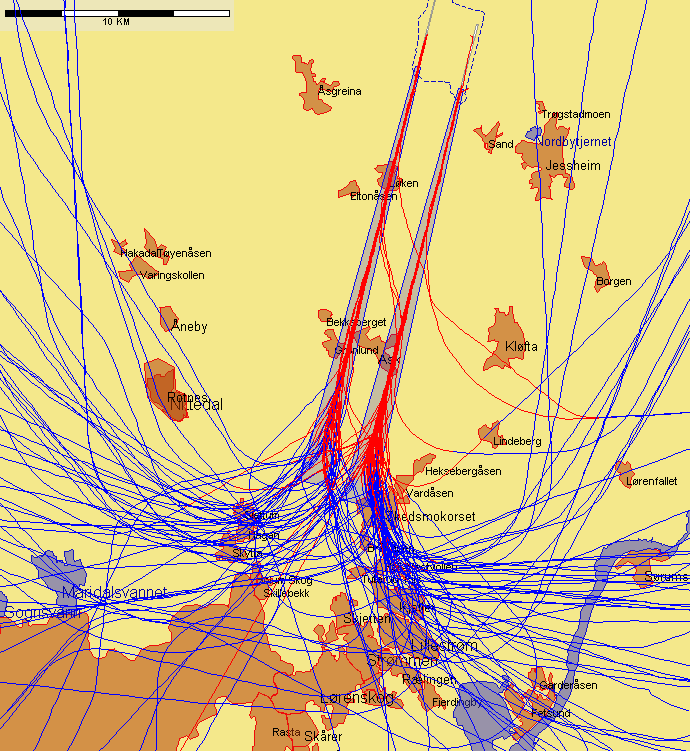 9.3.2 Landinger, rapportering iht 9, Forskrift om støyforebygging, Gardermoen Jetflylandinger fra sør med sen tilslutning til ILS-glidebanen Figur 6.