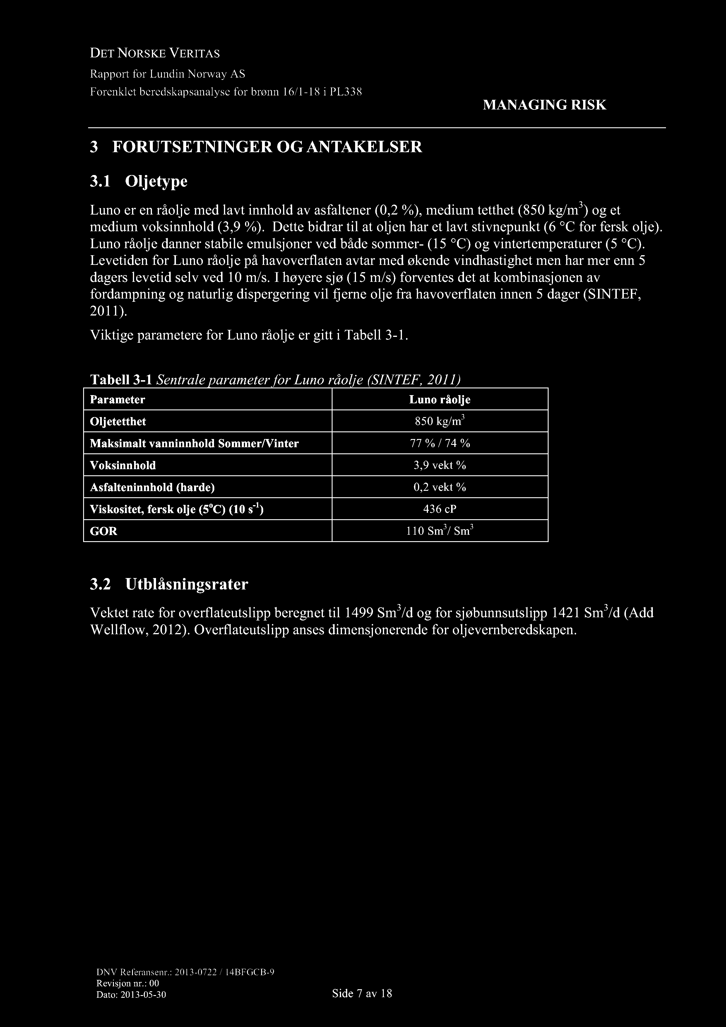 3 FORUTSETNINGER OG ANTAKELSER 3.1 Oljetype Luno er en råolje med lavt innhold av asfaltener (0,2 %), medium tetthet (850 kg/m 3 ) og et medium voksinnhold (3,9 %).