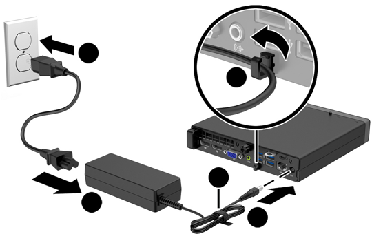 Koble til strømledningen Når du kobler til strømmen, er det viktig å følge fremgangsmåten nedenfor for å sikre at strømledningen ikke trekkes løs fra datamaskinen. 1.