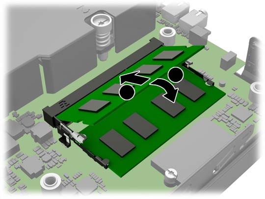 9. Skyv låsene på hver side av SODIMM-en (1) utover, og trekk deretter SODIMM-en ut av sporet (2) for å fjerne SODIMM-en. 10. Skyv den nye SODIMM-en inn i sporet i en vinkel på omtrent 30 grader (1).