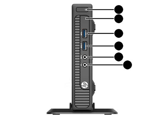Komponenter på frontpanelet (EliteDesk 800, EliteDesk 705, ProDesk 600) 1 Strømbryter med dobbelt funksjon 4 USB 3.0-port - Lading 2 Aktivitetslys for harddisk 5 Mikrofon-/hodetelefonkontakt 3 USB 3.