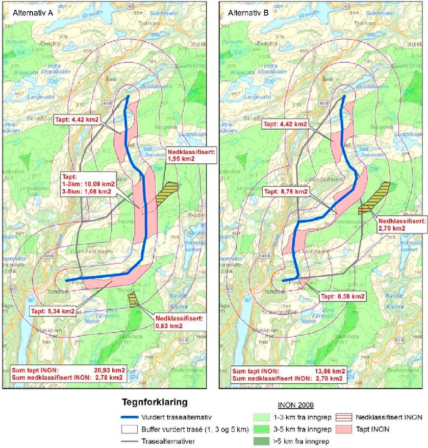 Side 21 Figur 6 - kart som viser tap av INON-områder som følge av de ulike alternativer. Alternativ A er alternativ 5.0 og alternativ B er alternativ 5.1. Kilde: Norconsult - "Tilleggsutredning spenningsoppgradering 420 kv Tonstad Lyse».