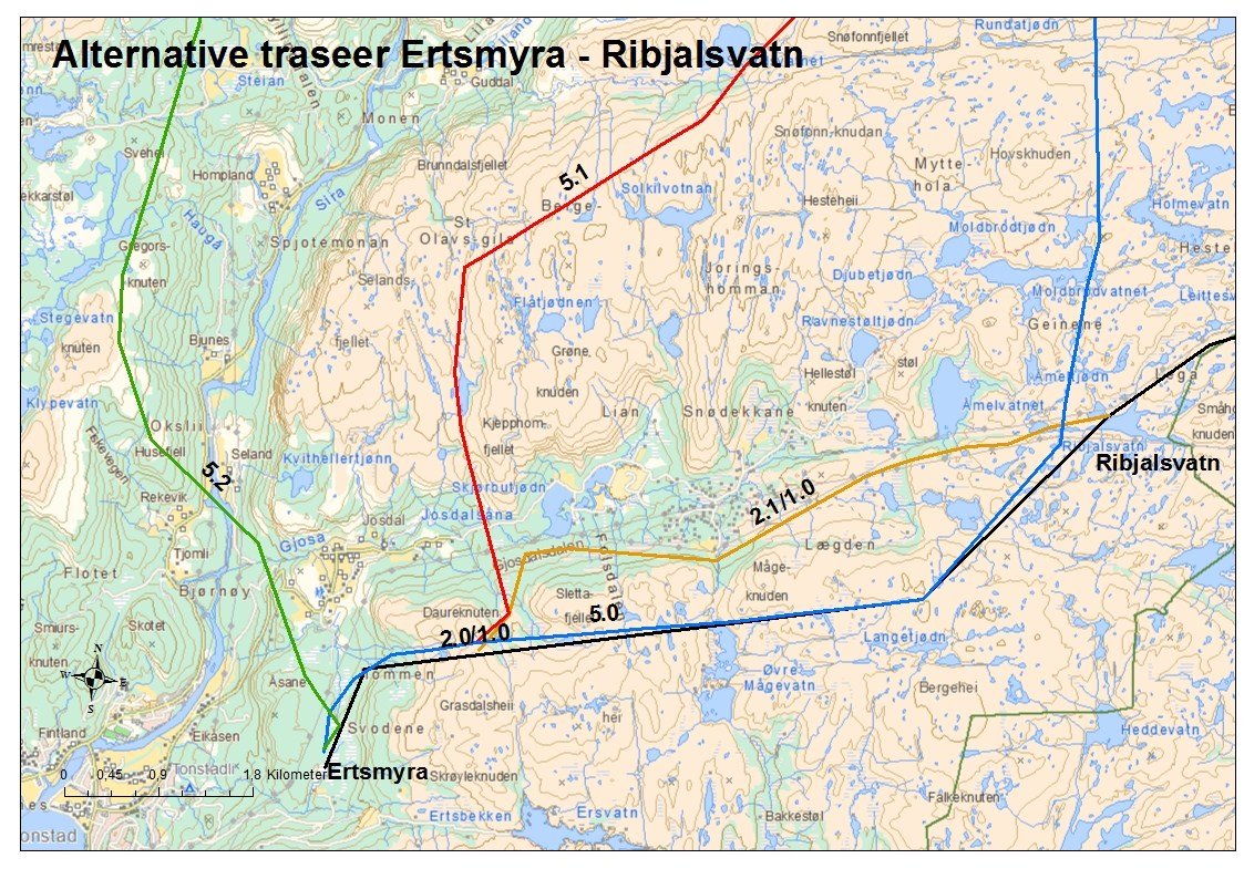 Side 51 Figur 14 - Omsøkte løsninger fra Ertsmyra til Ribjalsvatn. Svart strek: Ertsmyra Solhom alternativ 2.0 (vist som 2.0/1.0 i kartet). Oransje strek: Ertsmyra Solhom alternativ 2.1 (vist som 2.