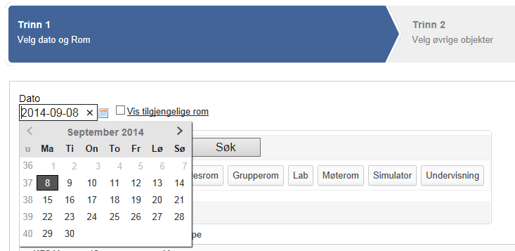 3. Søk fram ett bestemt rom Start med å velge den dato, hvor et rom ønskes reservert.