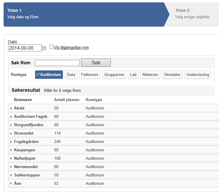 4. Søk rom ved hjelp av kategorier Det er mulig å benytte kategorifunksjonen «Romtype» ved fremsøkning av rom. Med denne funksjonen er det mulig å finne en liste med rom, som man kan velge ut fra.