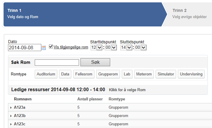 Kryss av i feltet «Vis tilgjengelige rom» og velg et tidsrom hvor reservasjonen skal gjelde. Her er valgt mellom klokken 12 14.