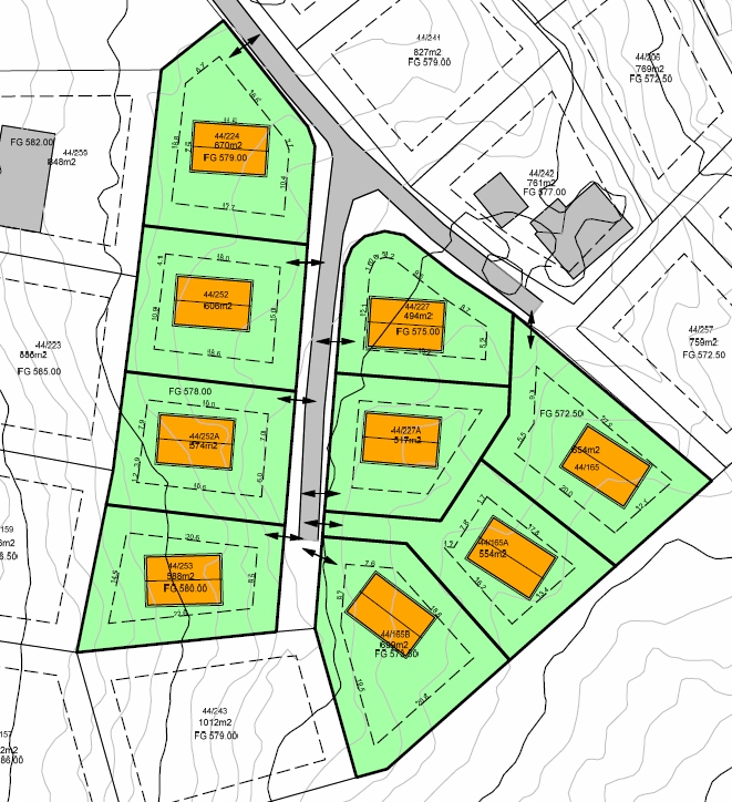 Detaljert informasjon om hver enkelt tomt på H1 44/224 er tomtas nummer 670 m2 er tomtas størrelse FG 579 er kotehøyden.