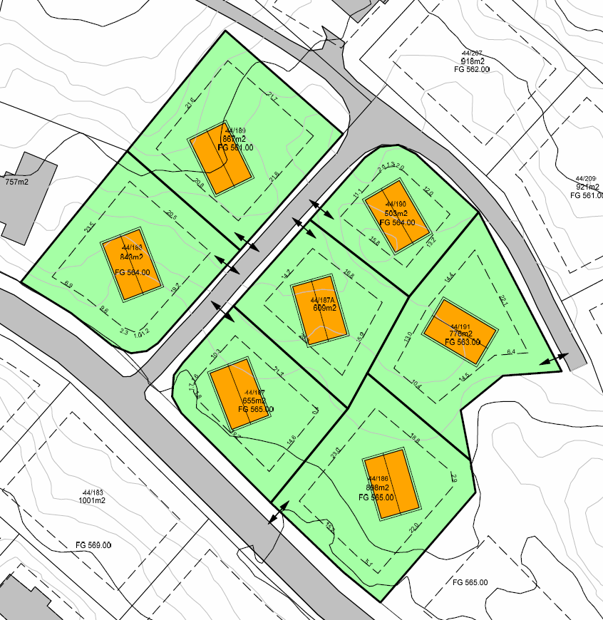 Detaljert informasjon om hver enkelt tomt på H1 44/189 er tomtas nummer 867 m2 er tomtas størrelse FG 561 er kotehøyden.