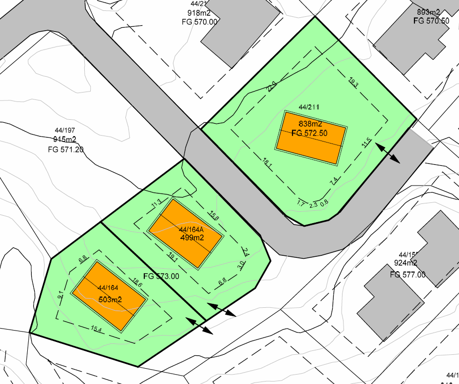 Detaljert informasjon om hver enkelt tomt på H1 44/211 er tomtas nummer 838 m2 er tomtas størrelse FG 572,5 er kotehøyden.