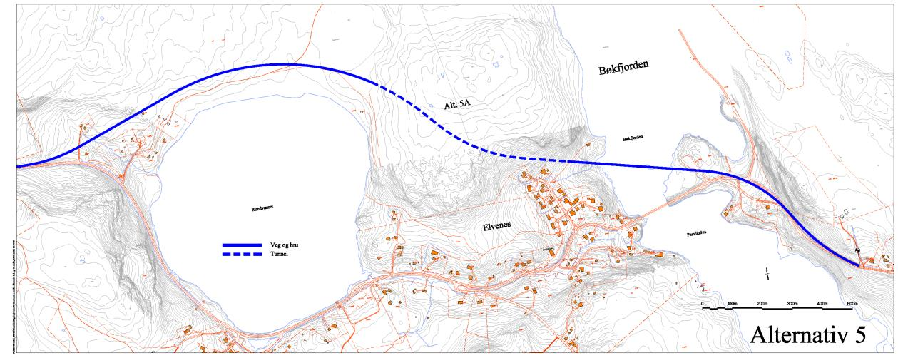 Figur 3 - Alternativ 3: Omleggingsalternativ sør for Elvenes Figur 4 - Alternativ 4: Kombinasjon av alternativ 2 og 3 Figur 5 -