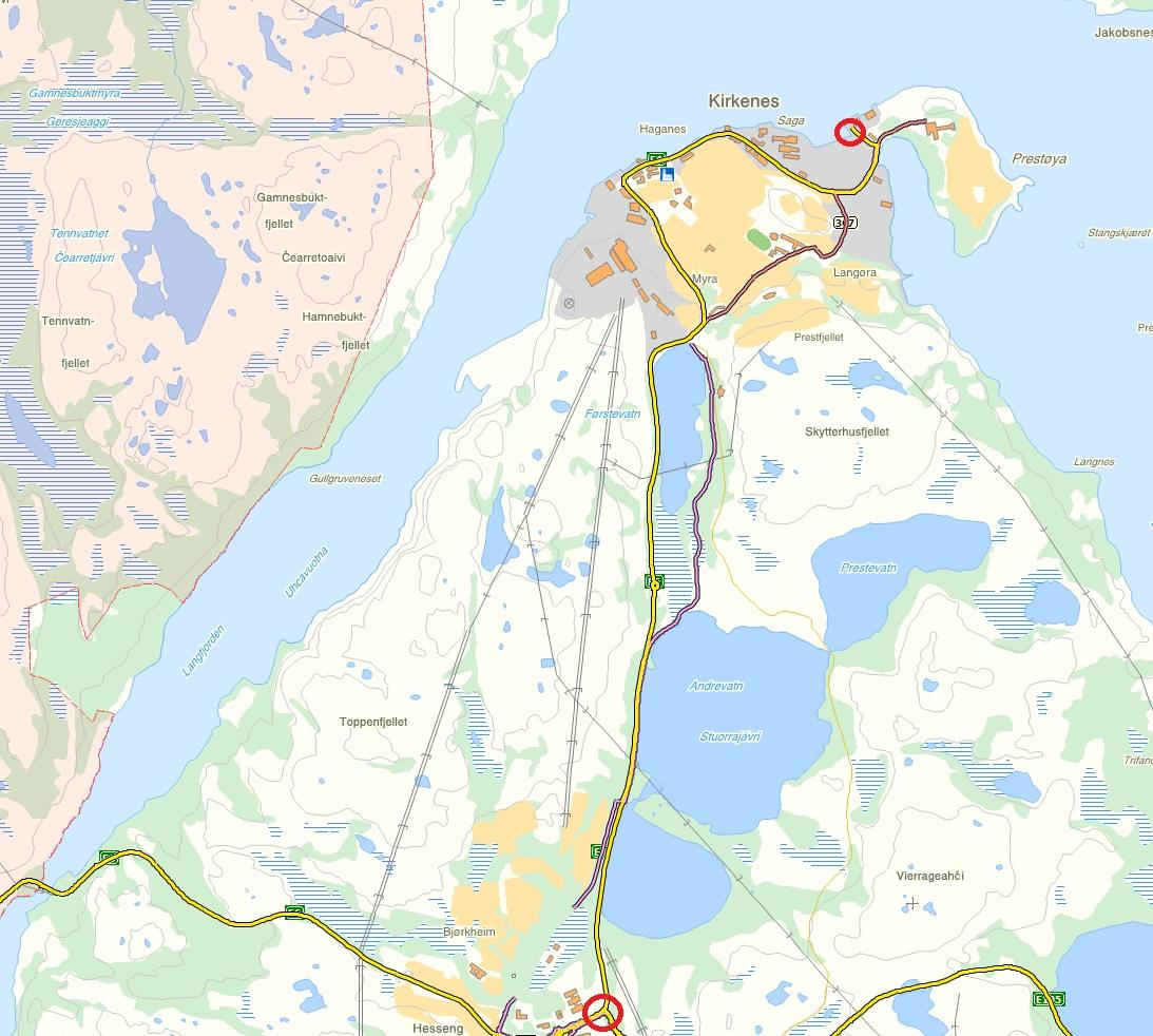 Figur 15: Geografisk avgrensning Vurderingen omfatter E6 fra Bjørkheimkrysset (rød sirkel i sør) langs gulfarget veg til stamnetthavna (rød sirkel i nord).