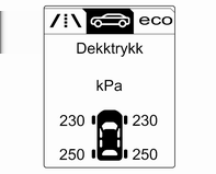 244 Pleie av bilen Merk Dekktrykkovervåkingen varsler bare om lavt dekktrykk. Det erstatter ikke det jevnlige dekkvedlikeholdet om føreren må sørge for.