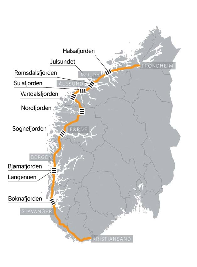 Ferjefri og utbedret E39 Krevende fjordkryssinger Fjord Lengde km Dybde m Halsafjorden 2 5-600 Julsundet 1,6 5-600 Romsdalsfjorden 13 330 Sulafjorden