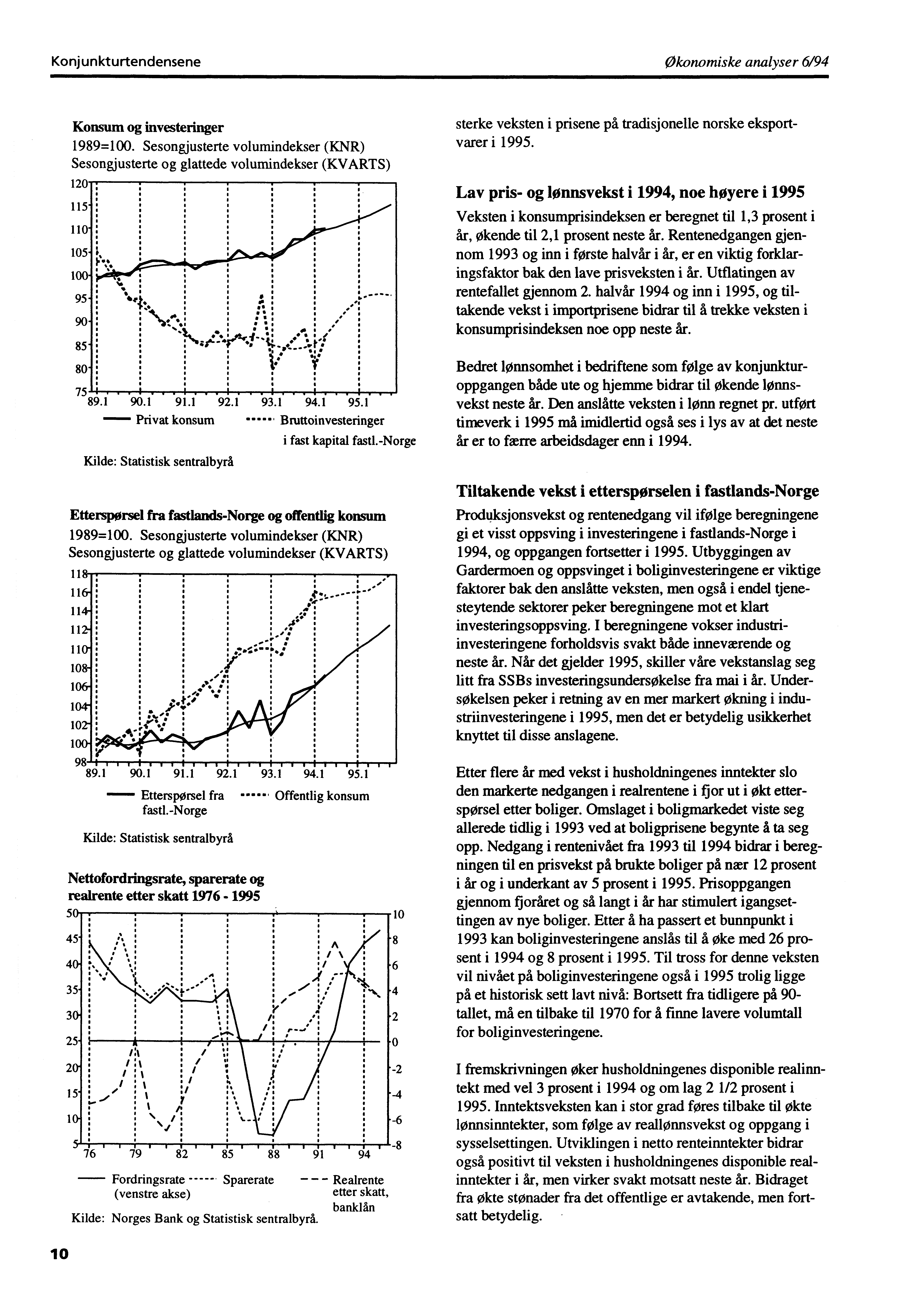 Konjunkturtendensene Økonomiske analyser 6/94 120 115. 85. 80. 118 Konsum og investeringer 1989=100. Sesongjusterte volumindekser (KNR) Sesongjusterte og glattede volumindekser (KVARTS) 75 89.