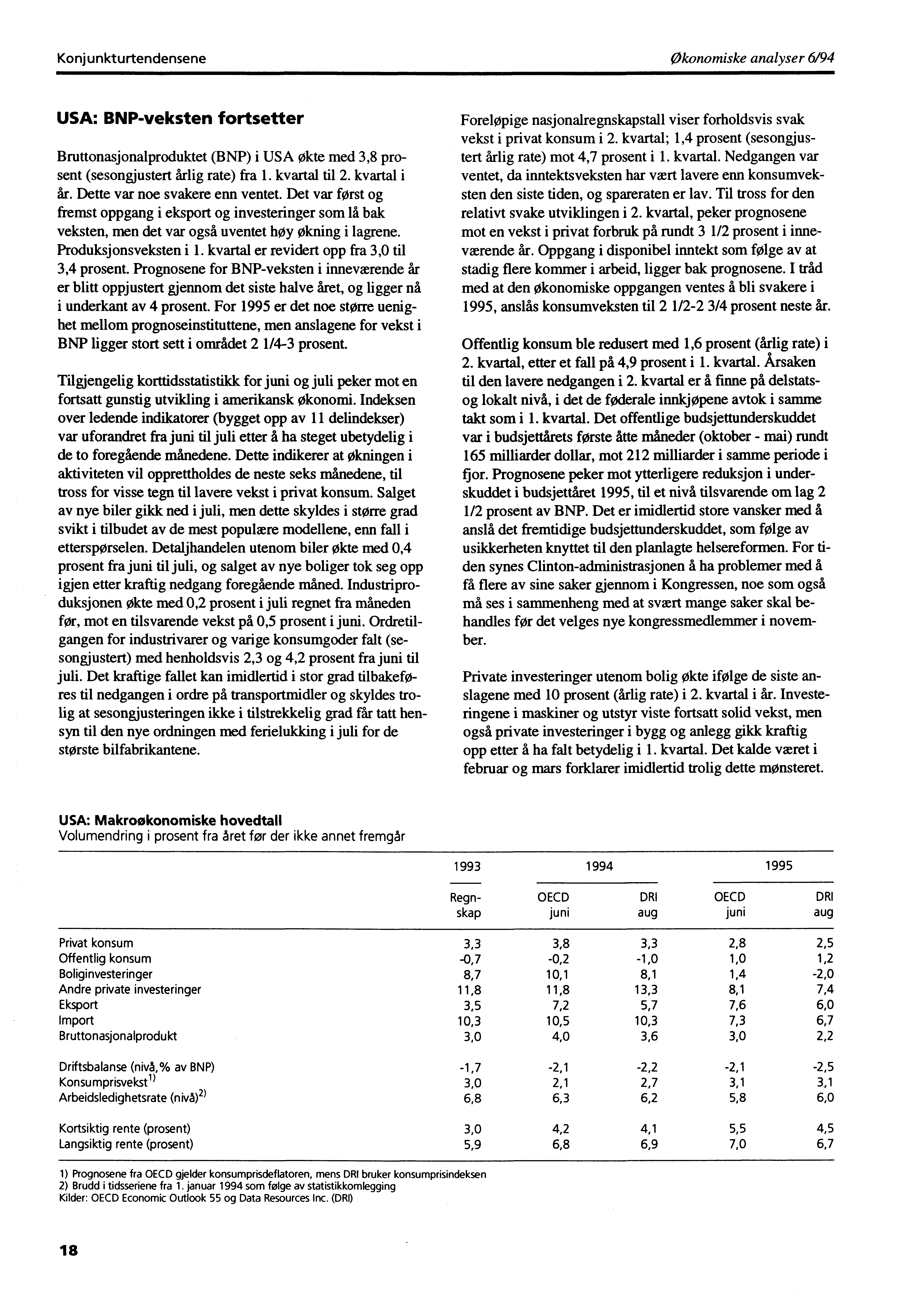 Konjunkturtendensene Økonomiske analyser 6/94 USA: BNP-veksten fortsetter Bruttonasjonalproduktet (BNP) i USA økte med 3,8 prosent (sesongjustert årlig rate) fra 1. kvartal til 2. kvartal i år.