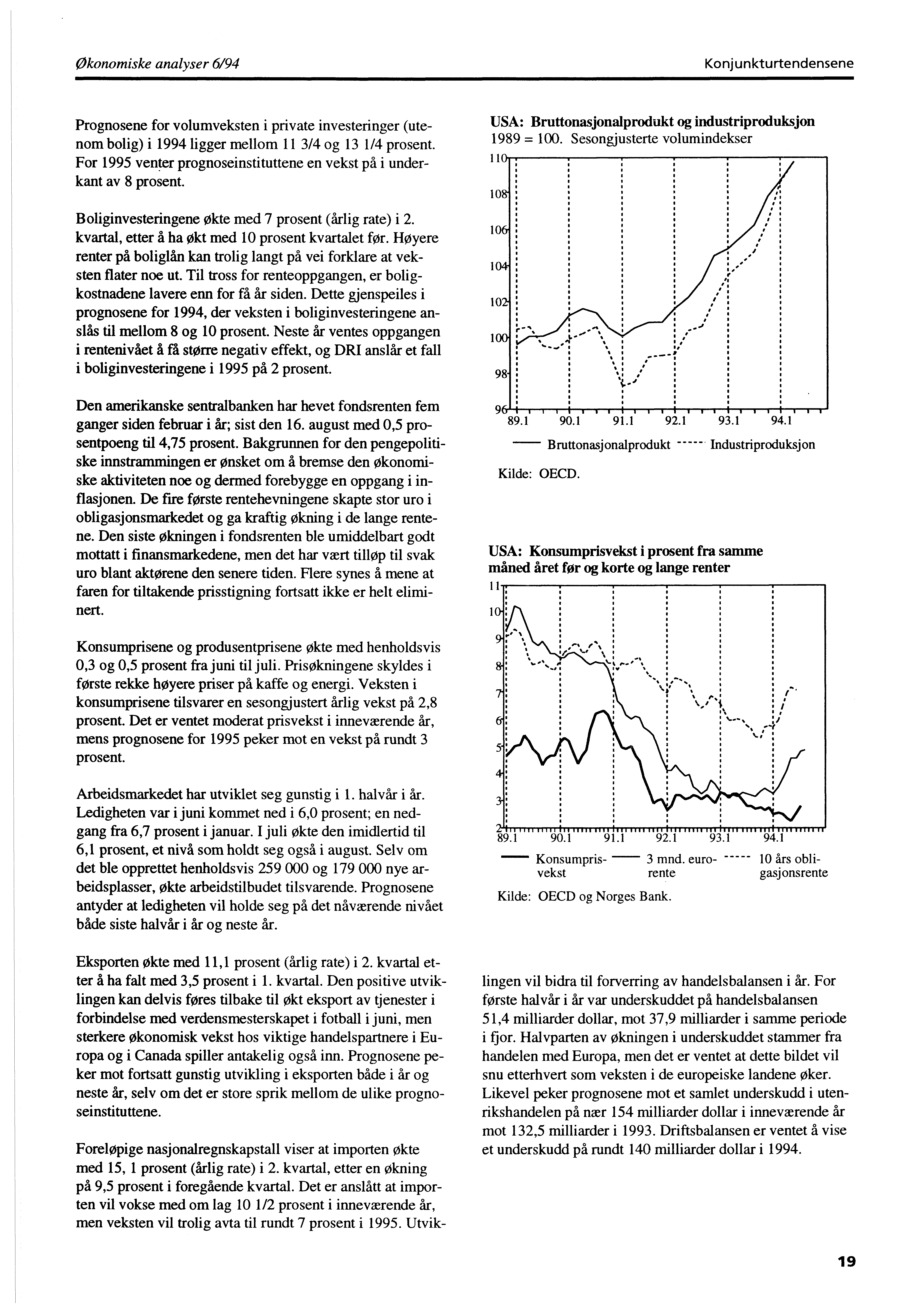 Økonomiske analyser 6/94 Konjunkturtendensene Prognosene for volumveksten i private investeringer (utenom bolig) i 1994 ligger mellom 11 3/4 og 13 1/4 prosent.