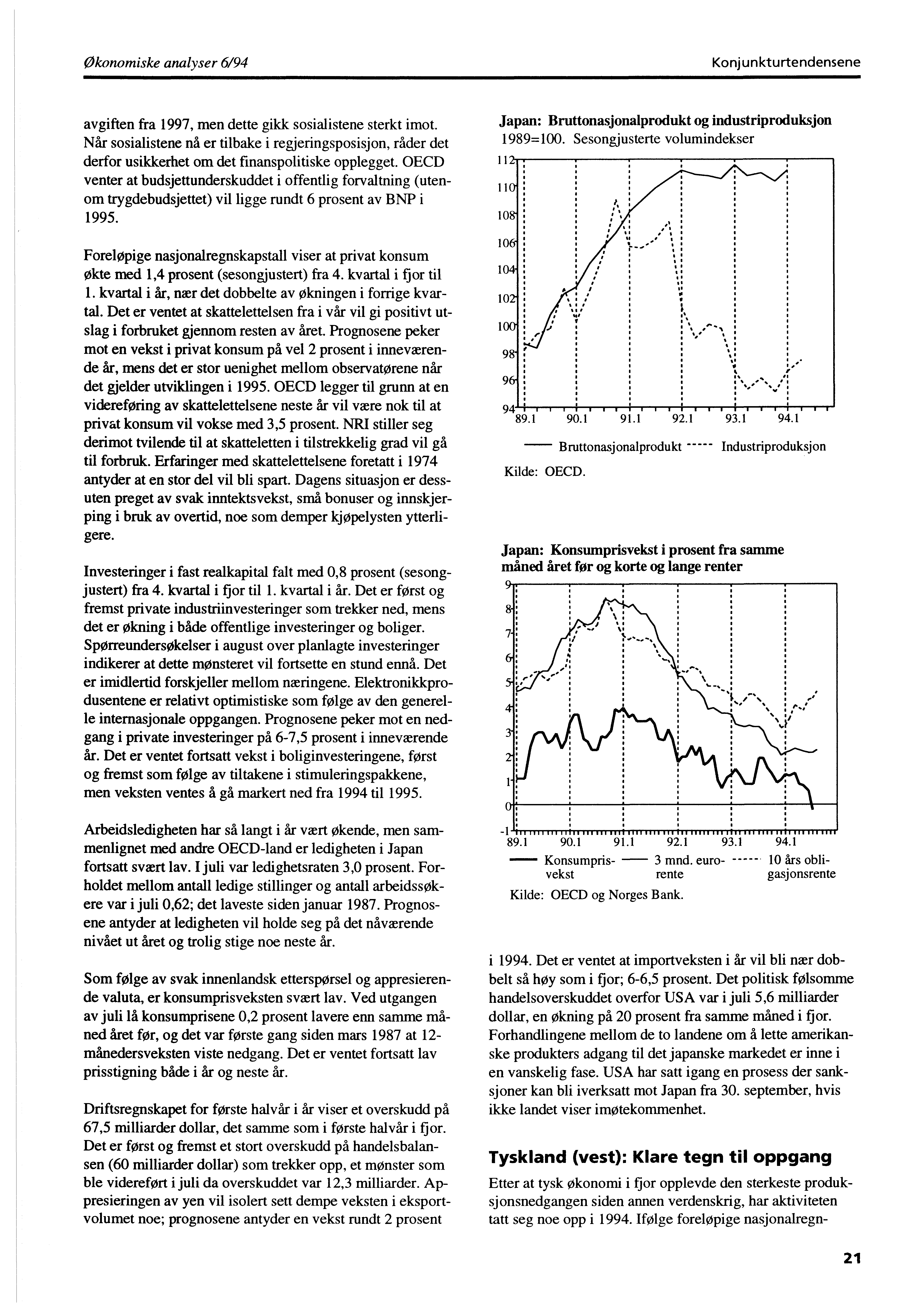 -sen Økonomiske analyser 6/94 Konjunkturtendensene avgiften fra 1997, men dette gikk sosialistene sterkt imot.